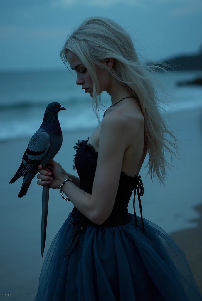 beautiful woman, cute pigeon, Youngh, blonde platinum hair, in a dark blue dress with black, on the beach at night , using a dagger