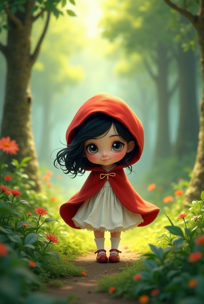 White Little Red Riding Hood with black hair and a baby face in the forest animated for printing 