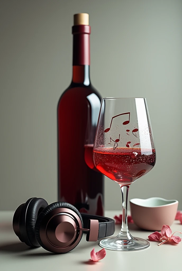 a bottle of wine and a glass full of musical notes
a headphone hanging on the glass
A ddj 1000