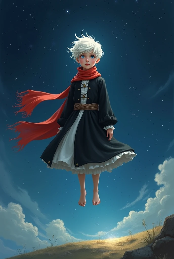 absurdrez, ultra detali, high qualiy, work of art, face detailed, Little Prince, with short white hair and blue eyes, levitating above the ground in the air under a starry night sky, a faint luminous aura surrounding him, of simple black and white medieval clothes, a long red scarf blowing in the wind