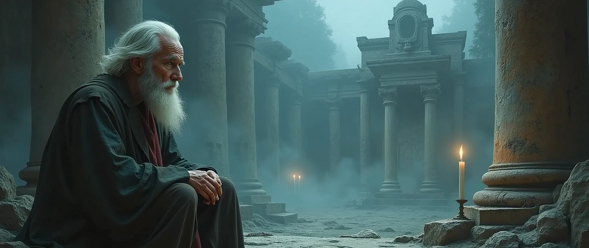 mysterious background that emits wisdom, with a wise old man nearby