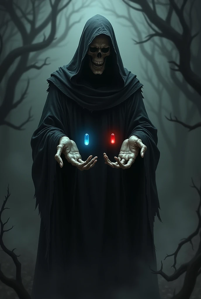dark reaper with one small blue pill in his left hand, and a small red pill one in his right hand, on a dark and scared background, now make more darkness