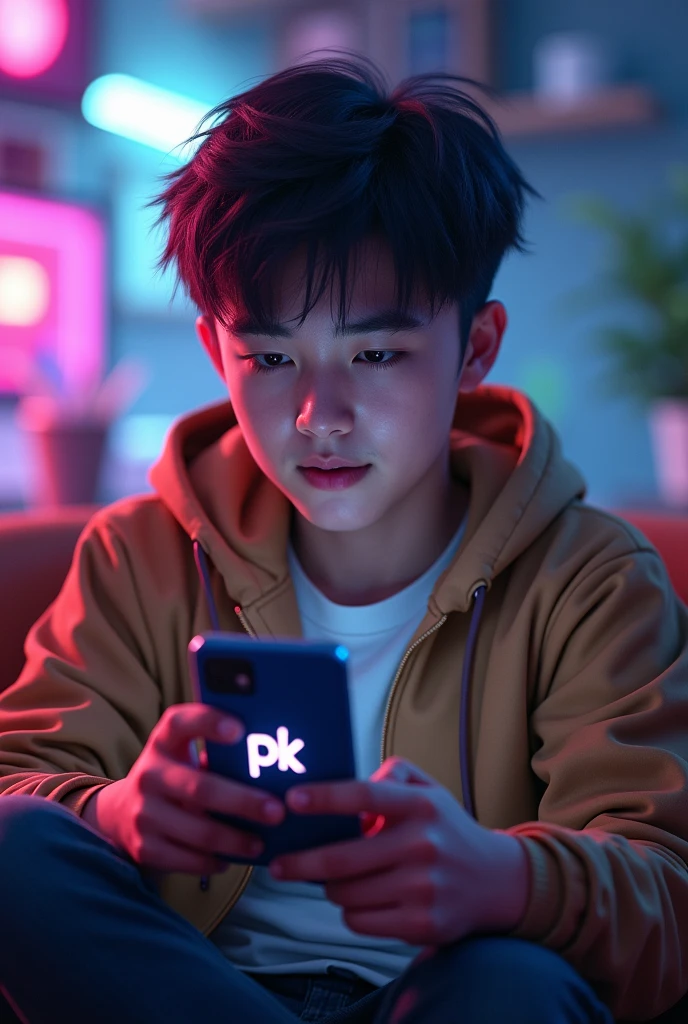 "A person playing a mobile game on their phone with the word 'Pk' in front, and a phone case that says 'Mobile Legends'."