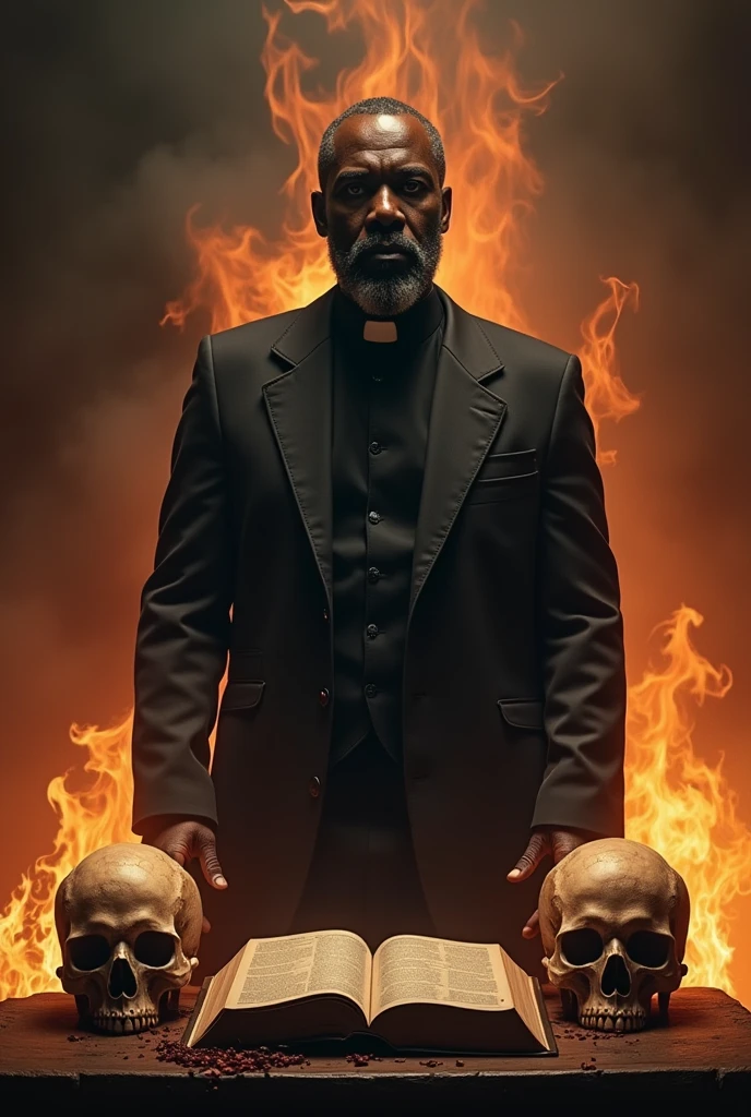 A black man who looks like a pastor next to a bible and on the other side a skull and behind him catches fire. Add darker details to a book.