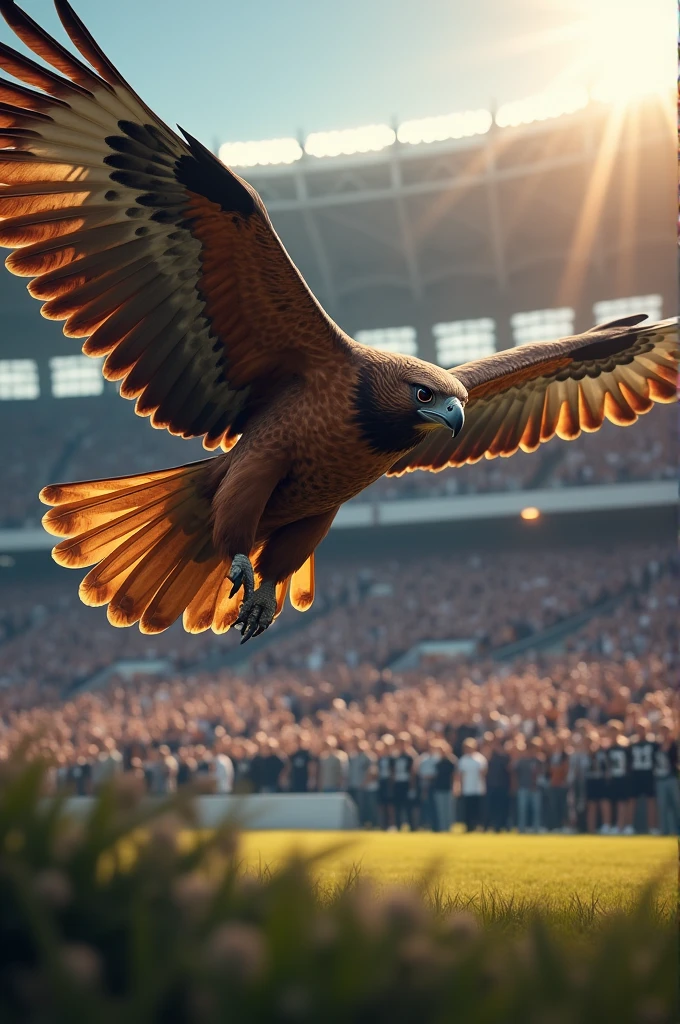 A hawk and in the background an organized cheering section with black and white shirts