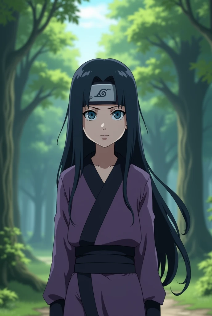 Screenshot, naruto anime style, a girl woman, pale white skin, medium height, blue eyes, black hair, long, loose, without flinching, ninja clothes linda, violet and black, with ninja band, In a forest