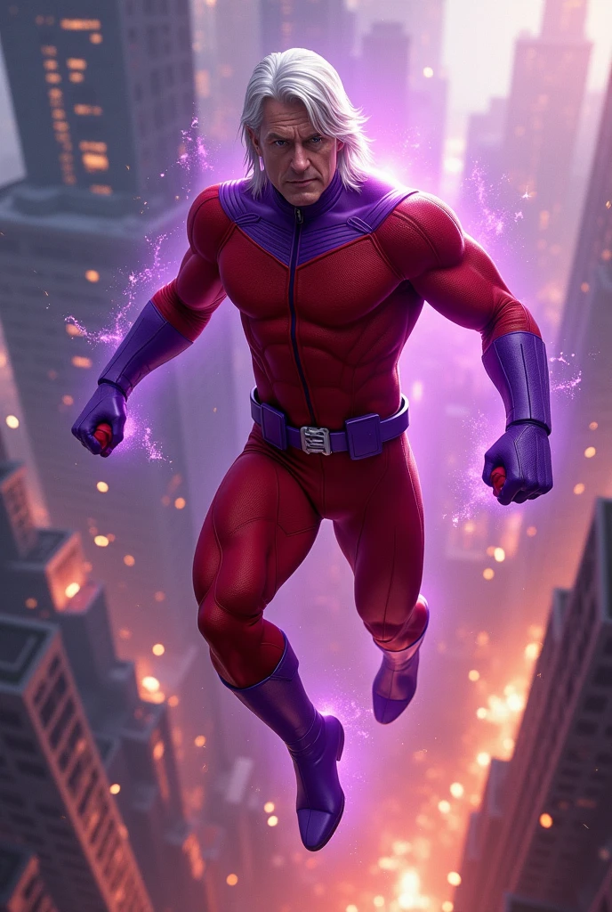 a middle-aged man with shoulder-length white hair,a red bodysuit,a purple belt,gloves and boots,a purple cape,muscular,magnetism,flying,metals,(best quality,4k,8k,highres,masterpiece:1.2),ultra-detailed,(realistic,photorealistic,photo-realistic:1.37),concept art,cinematic lighting,vibrant colors,dramatic pose