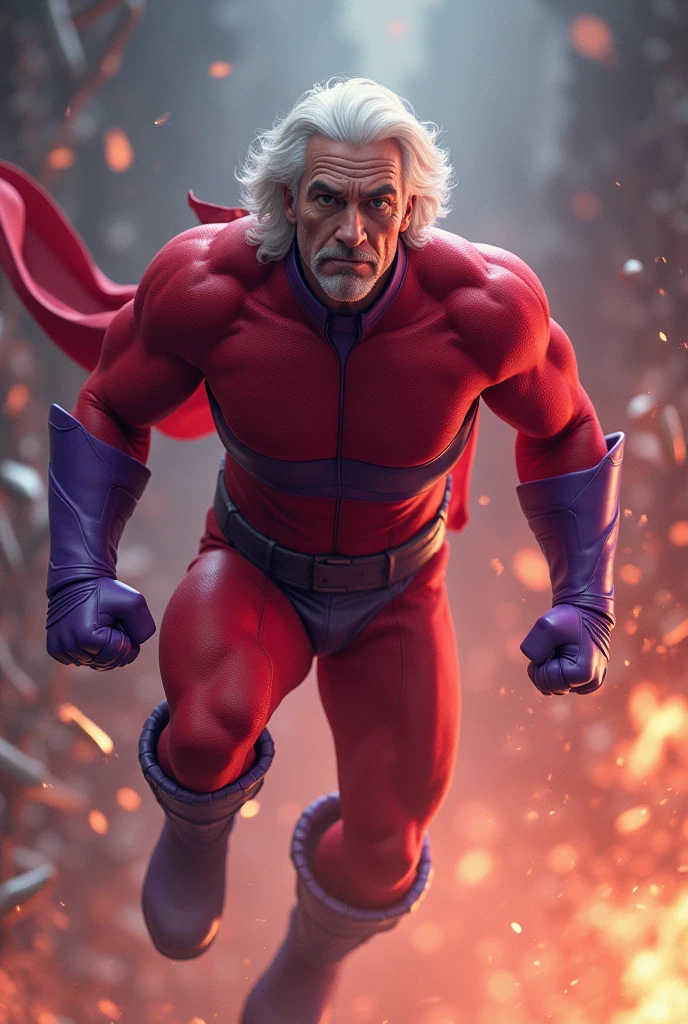 a middle-aged man with shoulder-length white hair,a red bodysuit,a purple belt,gloves and boots,a purple cape,muscular,magnetism,flying,metals,(best quality,4k,8k,highres,masterpiece:1.2),ultra-detailed,(realistic,photorealistic,photo-realistic:1.37),concept art,cinematic lighting,vibrant colors,dramatic pose