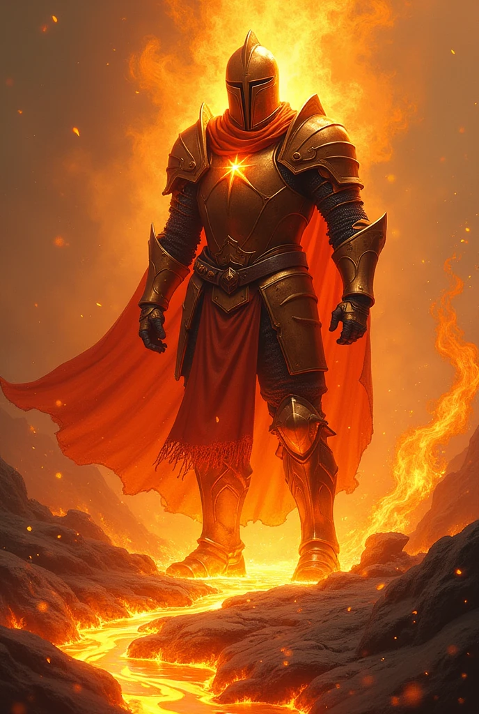 A medieval knight with orange armor and an orange closed helmet making a river of lava on the battlefield and melting the enemies