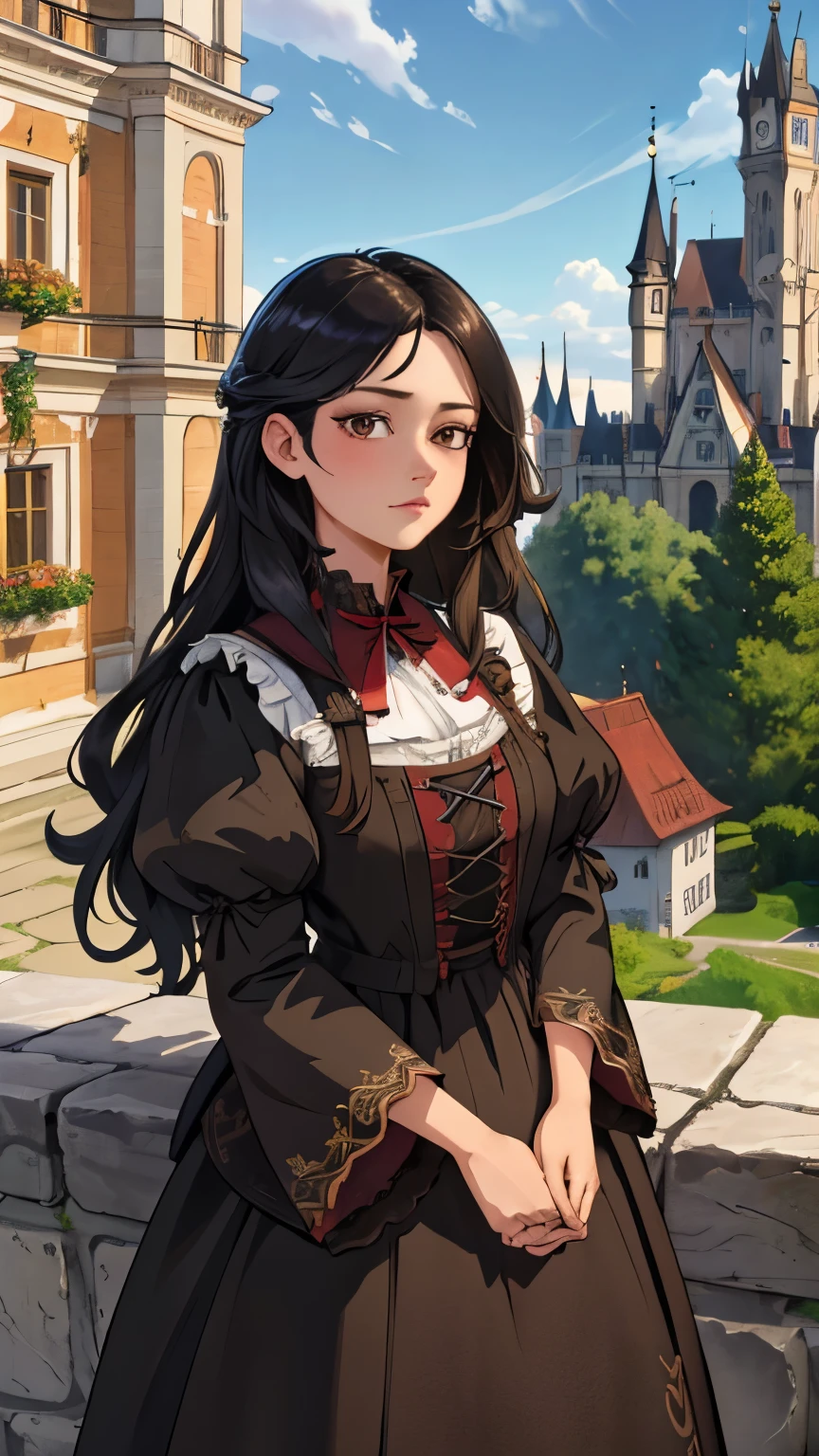 (extremely detailed CG unity 4k wallpaper),(masterpiece),(best quality),(ultra-detailed),(best illustration),(best shadow),(absurdres),(Detailed background), German woman, Long Straight black hair, Brown eyes, neutral expression, 1870 German castle, Peasant dress,