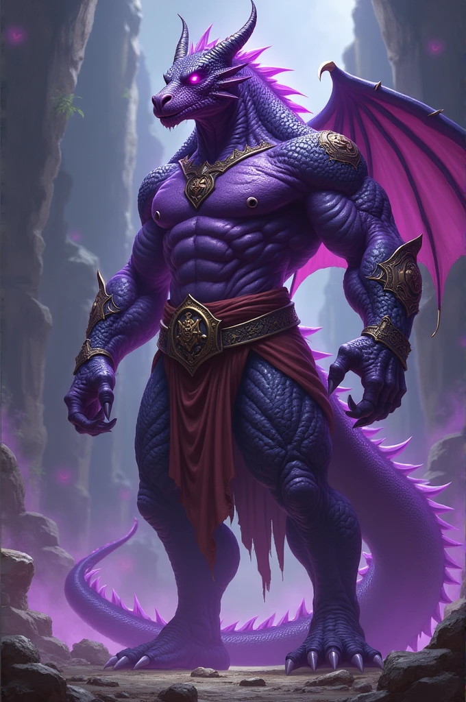 A being of the d system&d of the gematic draconic race of the Barbarian class. purple skin color, purple eyes, 1m80cm tall 