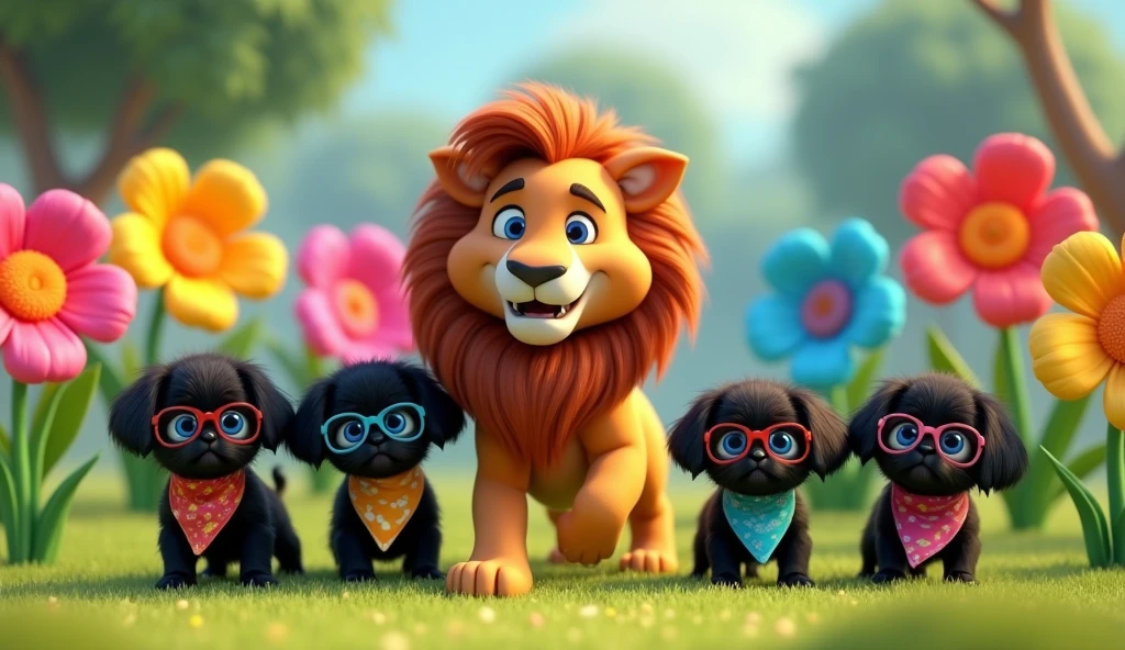 Seven cartoon flowers bloom in a rainbow of colors around them 2 adorable black shih tzu puppies with big blue eyes wearing colorful bandanas and sunglasses walking with large lion with blue eyes 3D Pixar style