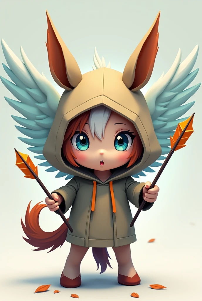 A small Chibi baby humaniod creature.
Appearance: a centaur , half horse half man. With wings. Big anime eyes, holding a duel arrows in each hand . Wearing a hood
Style : cel shaded , 3d , anime, Full-body, t pose.
This is a digimon