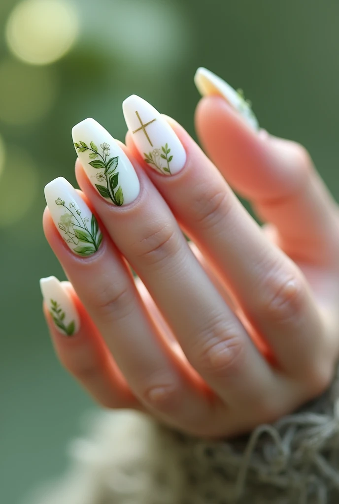 White Gel Nails. 1,5 cm. Green embellishments in the form of vines and flowers . Plant Christian cross also