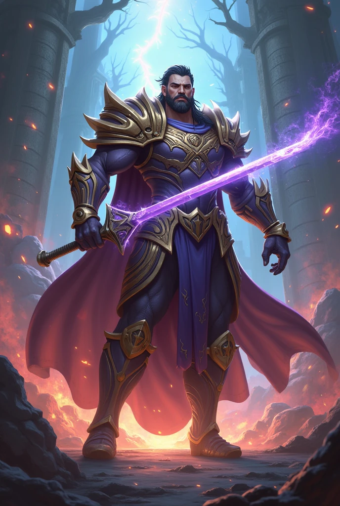 Create a high-resolution, detailed image of a champion from the game League of Legends. The character should be depicted in an action pose, highlighting their unique abilities and iconic features. The design should be true to the game's art style, with intricate armor, weapons, and magical effects that reflect the character's lore and abilities. Include a dynamic background that complements the character's theme, whether it's a mystical forest, a fiery battleground, or an ancient temple. The color palette should be vibrant and striking, capturing the essence of the character and their role in the game. The overall image should be dramatic, epic, and visually stunning, making it look like a scene from the game.