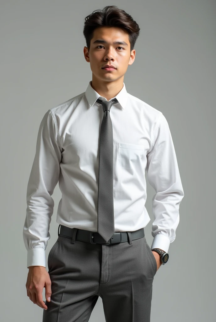 20 years old boy with white shirt and gray pant and also with gray tie