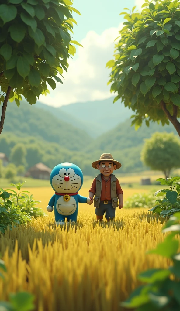 Doraemon and the farmer go home after a tiring day of work., in the middle are 3D trees and rice, detailed in every aspect