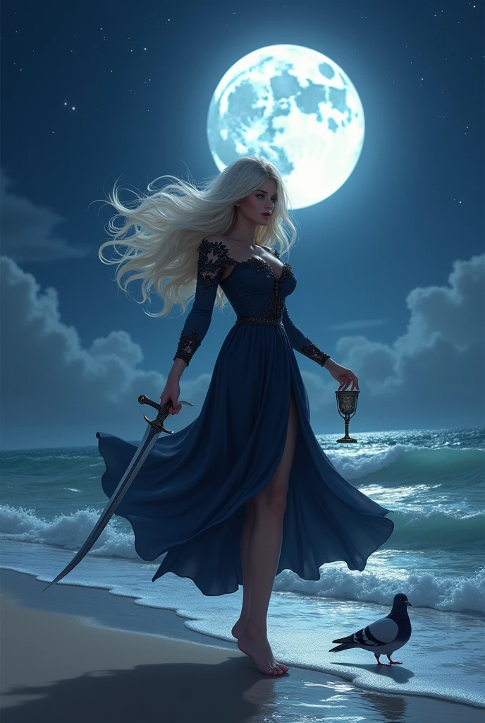 beautiful woman, cute pigeon, Youngh, blonde platinum hair, in a dark blue dress with black, on the beach at night , using a dagger with a goblet in hand 