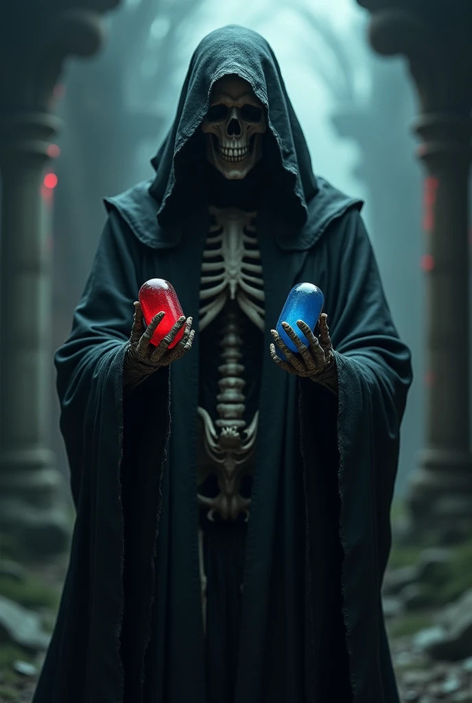 dark reaper with one small blue pill in his left hand, and a small red pill one in his right hand, on a dark and scared background, now make more darkness, more