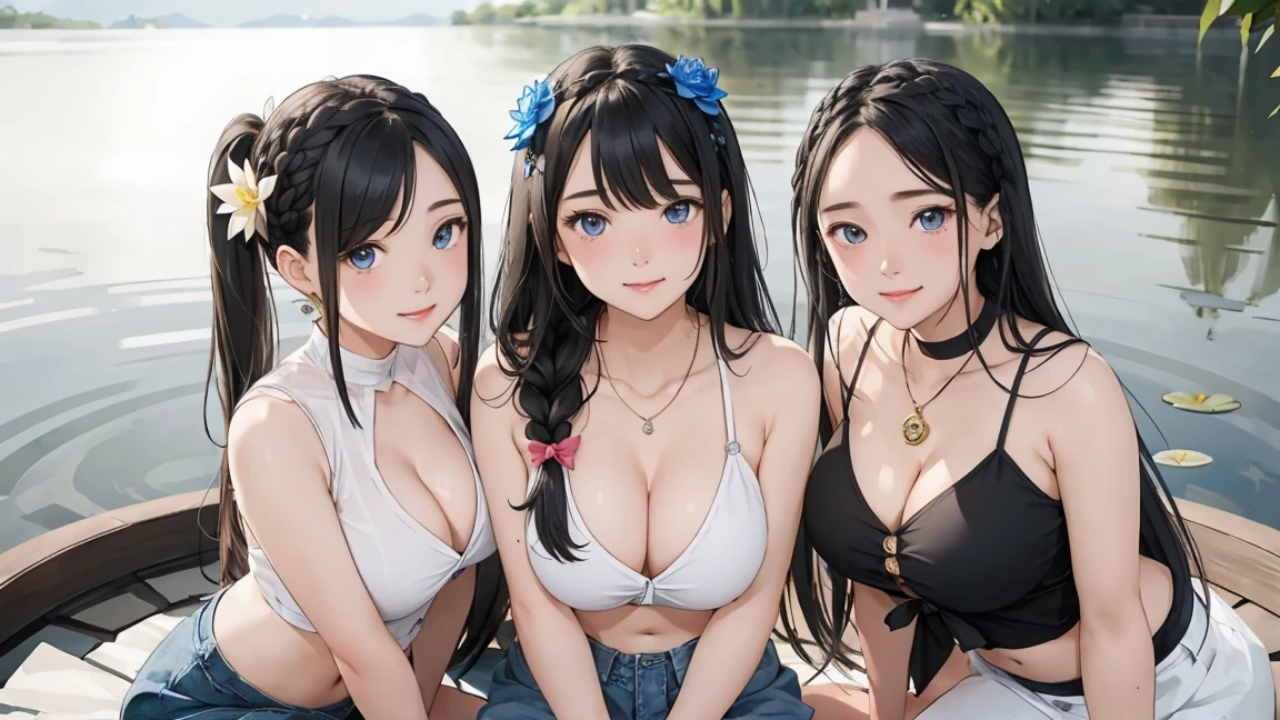 ( 3 girls), smile、Look into the camera、diamond necklace、braided hair, Wear a jeans skirt.,Random color tank top：1.2. Revealing the upper arm、Extra long twin tail feathers、Flower Hair Ornaments、 Masterpiece, Highest quality, 8ก, beautiful girl, young face、 photography, Cute face, thigh,(Sitting in a lotus pond),、smile、small waist, blue eyes(((The chest is erect...)))(((round chest)))(((big breasts:1.2)))