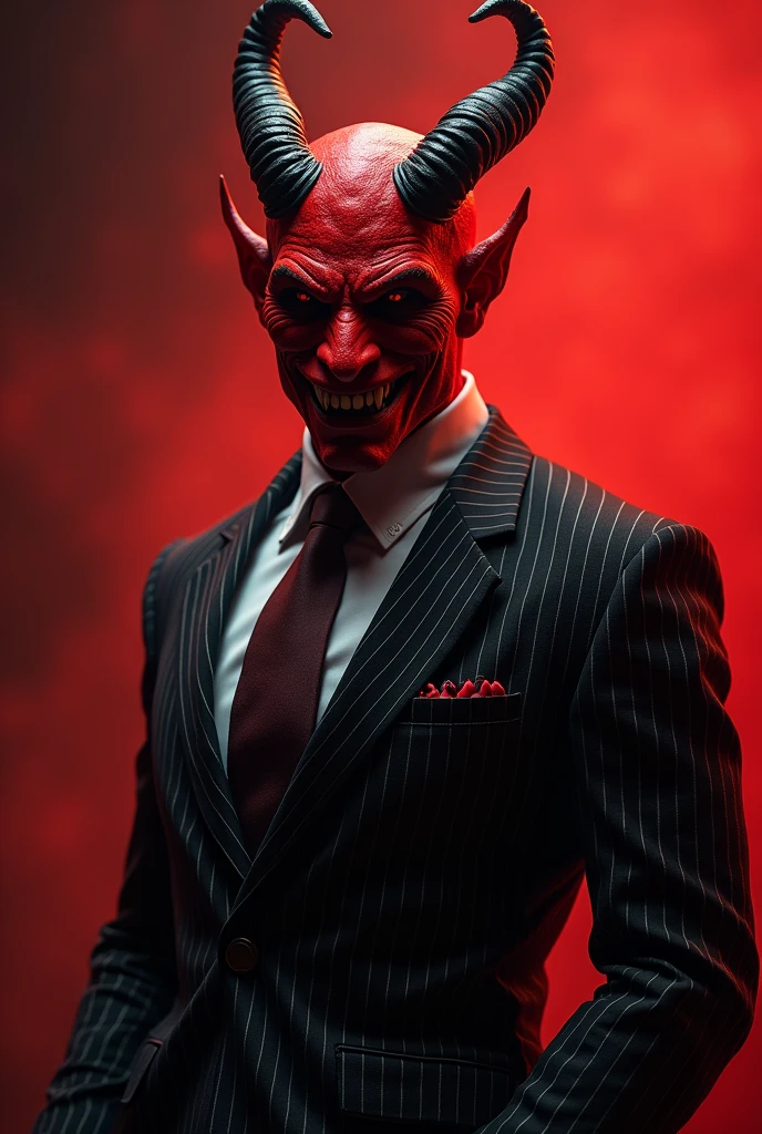highest quality, 8k, hdr, (head to toe:1.4), Realistic, European male, Bright red skin like a devil, black devil horns, devil lawyer in pinstripe business suit, claw like fingernails, lawyer with condescending smile, evil lawyer