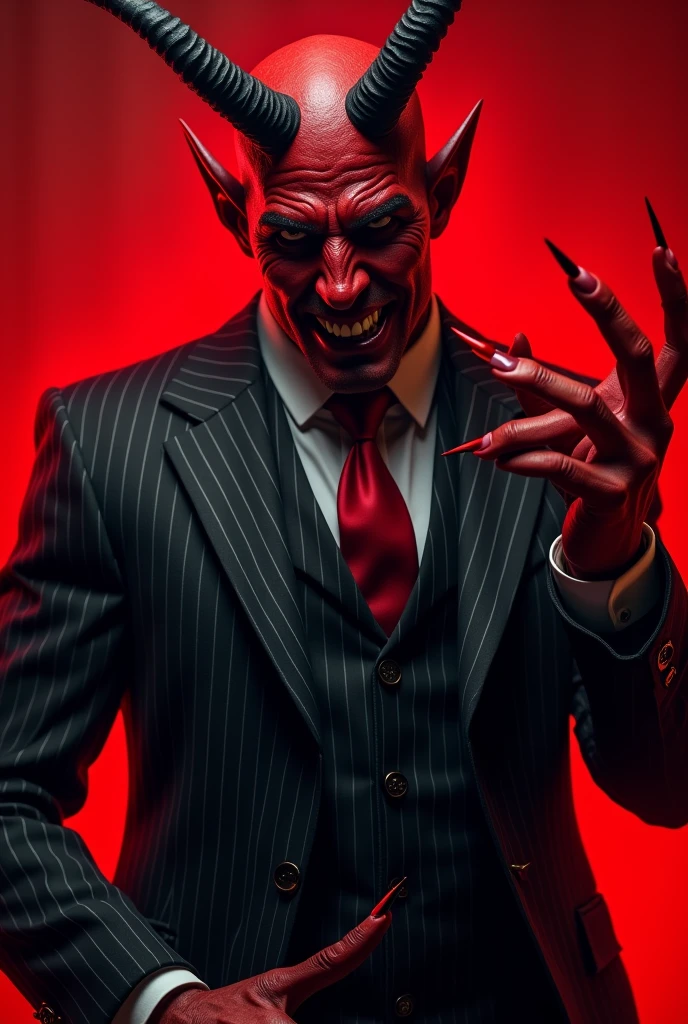 highest quality, 8k, hdr, (head to toe:1.4), Realistic, European male, Bright red skin like a devil, black devil horns, devil lawyer in pinstripe business suit, claw like fingernails, lawyer with condescending smile, evil lawyer