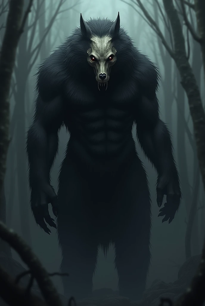 a creature with black fur covering its body, he wears a wolf skull and has, no clothing, anime styling.