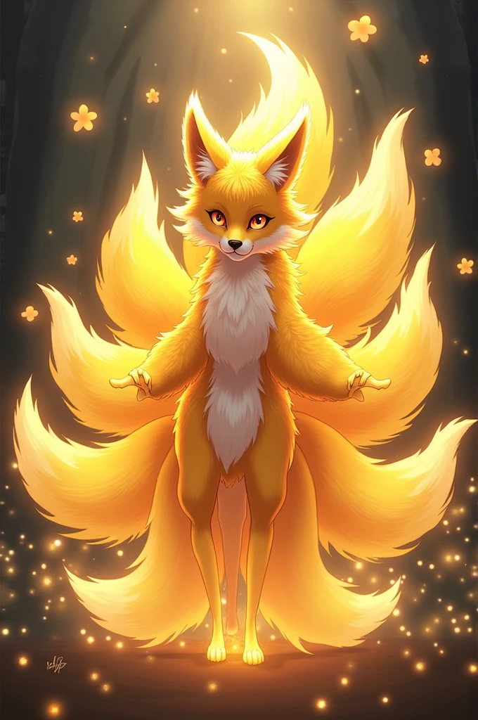 Miriam, in a golden glow, became Kitsune, the nine-tailed fox. Her golden fur shone with a magical aura., and its nine tails moved with agility and grace. Waking up in his new form, Kitsune felt the power of magic flow through her and carefully observed the surroundings with her keen perception..