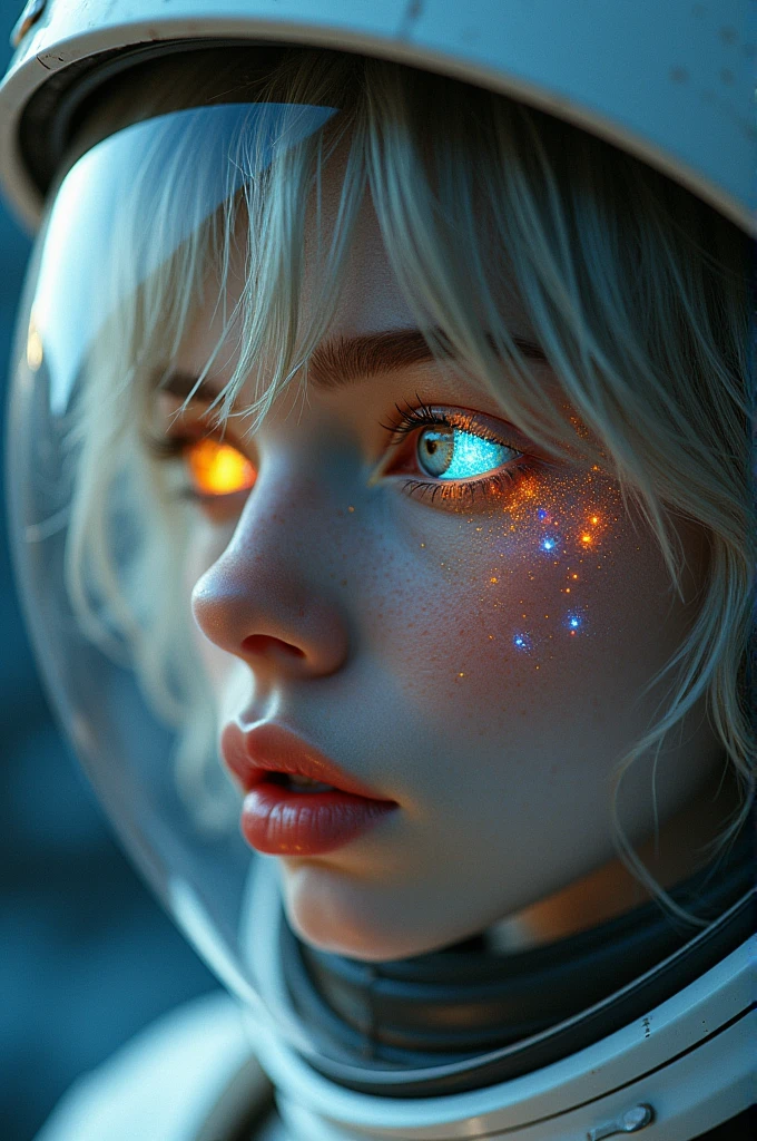 (Close-up of a better masterpiece:1.5)0.9], (Space and astronauts:1.2) (Messy silver hair:1.1) (Heterochromia xanthochromia and blue eyes:1.2) (Space Helmet:1.0) (Colored stars in the eyes:1.0) (A radiant glow:1.1) (thick lips:0.9)