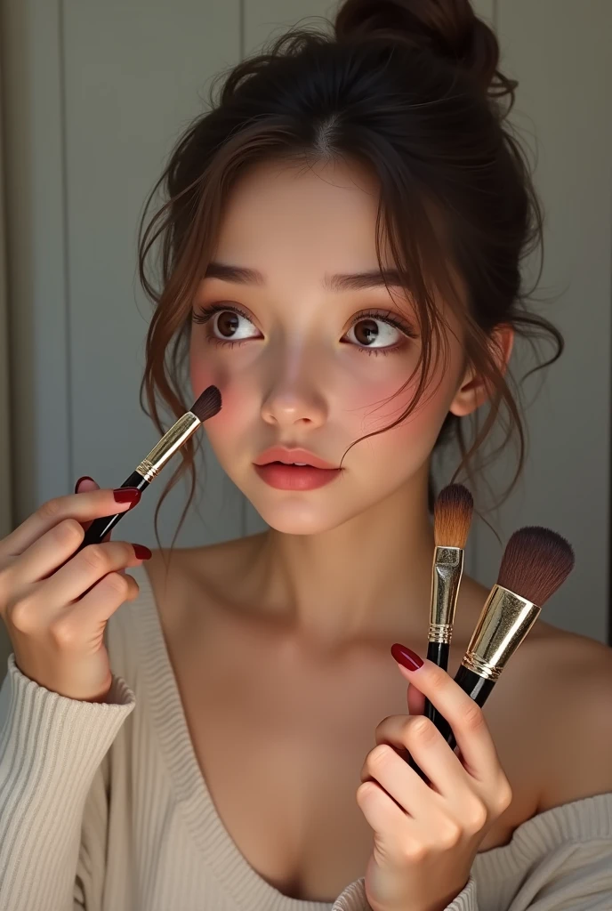 Certainly! Here’s a prompt for an image girl is using dirty makeup brushes