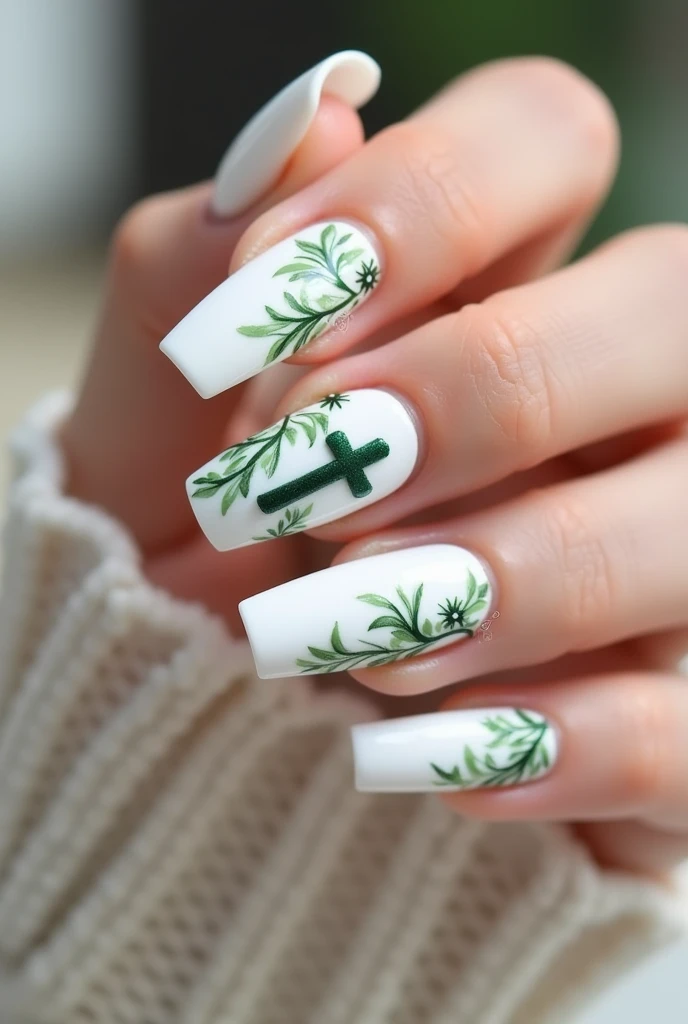 White Gel Nails. 1,5 cm. Green embellishments in the form of vines and flowers . Plant Christian cross also