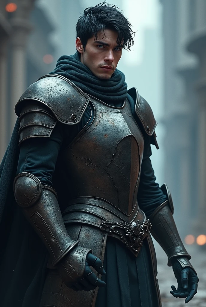 (photorealism:1.2), Tall boy, strong and attractive, serious, black hair, blue gray eyes, Tez blanca, with full armor, serious y guapo, and shadows coming out of his hands. 