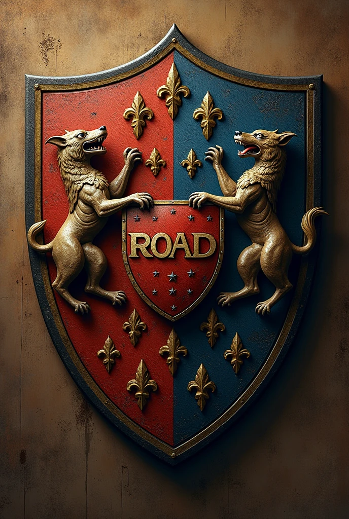 Make a shield with the last name "road" that shows unity, resilience, with two guard dogs and let it be known that we are 5 family members