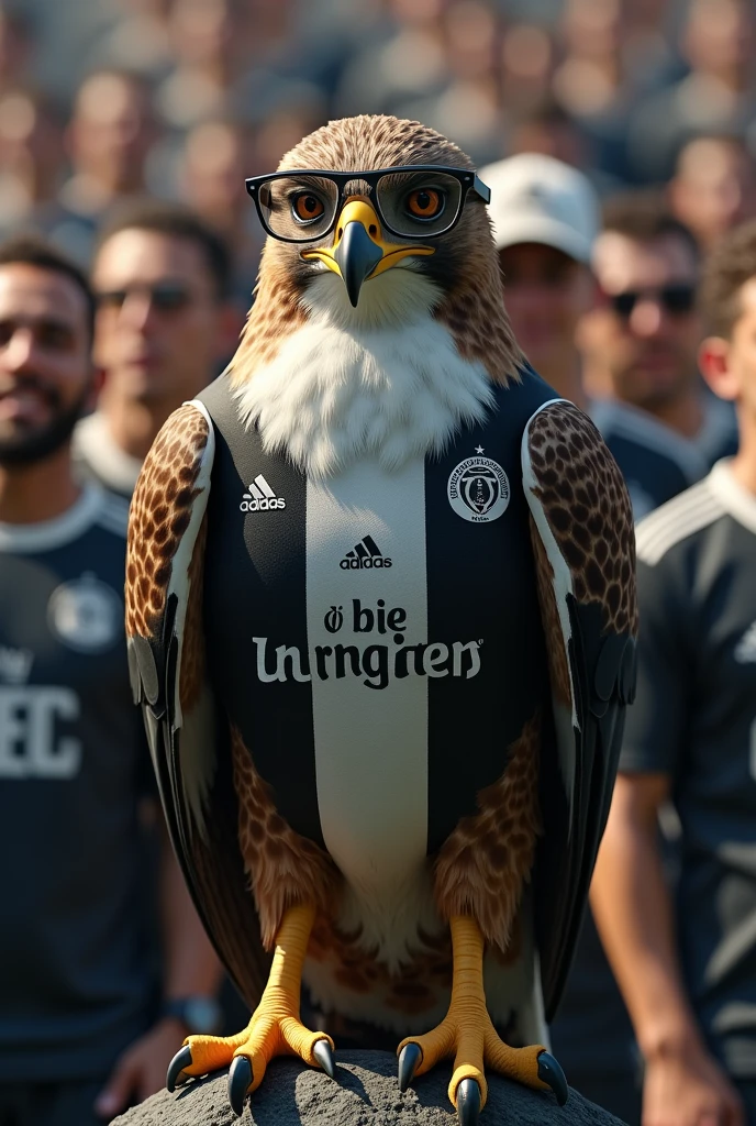 A hawk wearing glasses and a Corinthians shirt, with an organized fan club in the background wearing black and white shirts. 