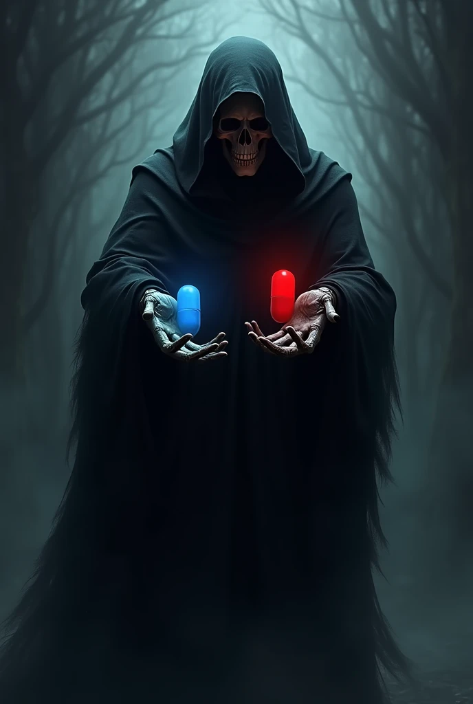 dark reaper with one small blue pill in his left hand, and a small red pill one in his right hand, on a dark and scared background, now make more darkness, more, dakness pls