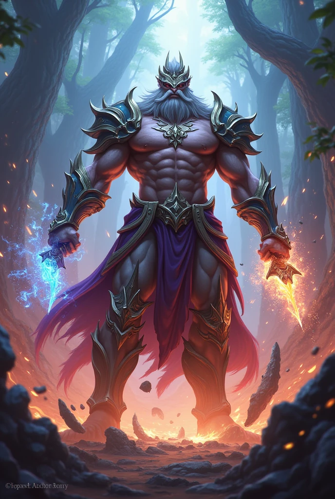 Create a high-resolution, detailed image of a champion from the game League of Legends. The character should be depicted in an action pose, highlighting their unique abilities and iconic features. The design should be true to the game's art style, with intricate armor, weapons, and magical effects that reflect the character's lore and abilities. Include a dynamic background that complements the character's theme, whether it's a mystical forest, a fiery battleground, or an ancient temple. The color palette should be vibrant and striking, capturing the essence of the character and their role in the game. The overall image should be dramatic, epic, and visually stunning, making it look like a scene from the game.