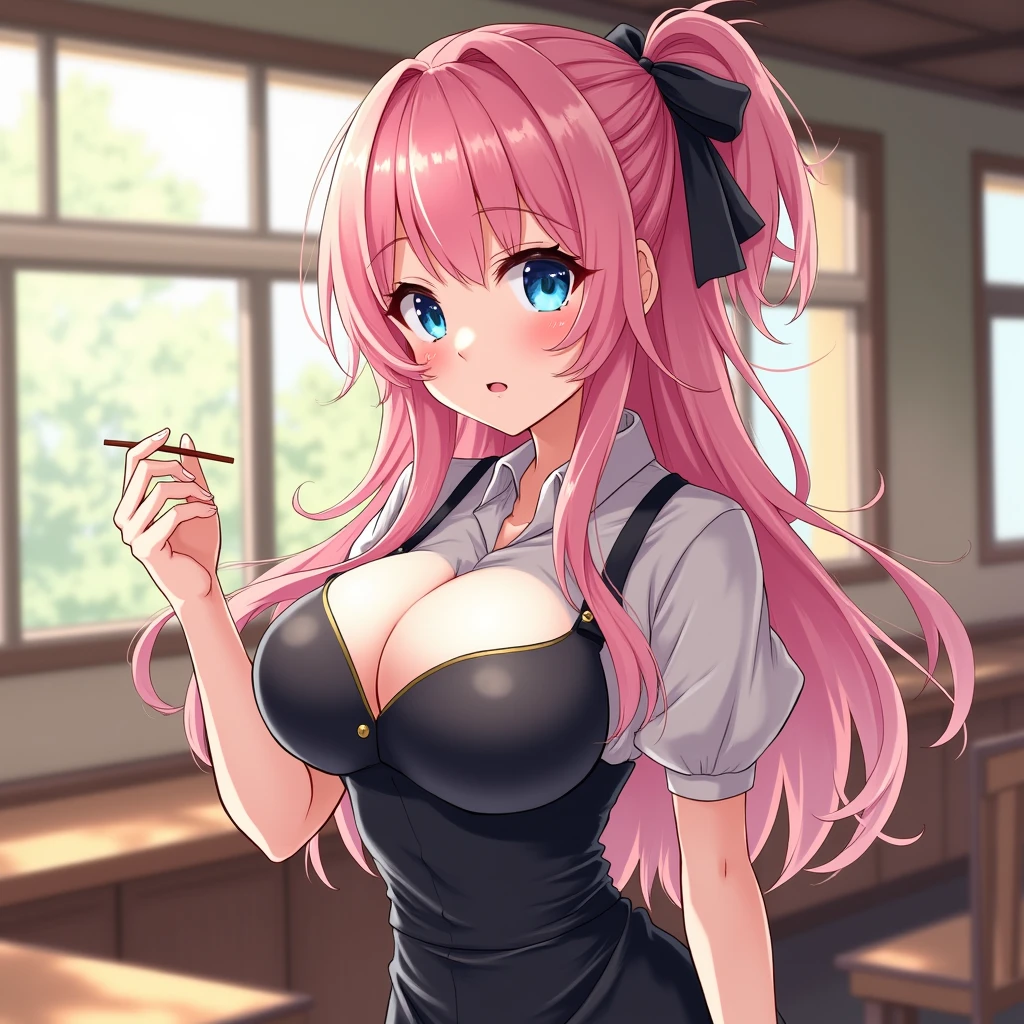 I want to make a manga character with pink hair and big breasts, with blue eyes, in a sushi restaurant with big breasts ￼