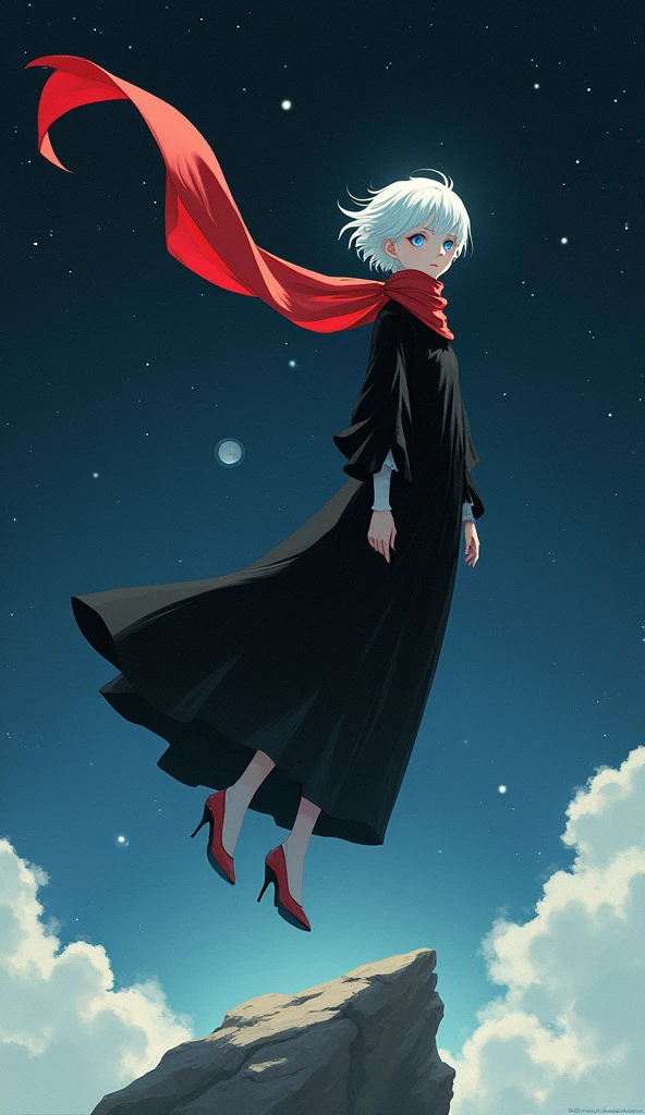 absurdrez, ultra detali, high qualiy, work of art, face detailed, 9S like the Little Prince, with short white hair and blue eyes, levitating above the ground in the air under a starry night sky, a faint luminous aura surrounding him, of simple black and white medieval clothes, a long red scarf blowing in the wind