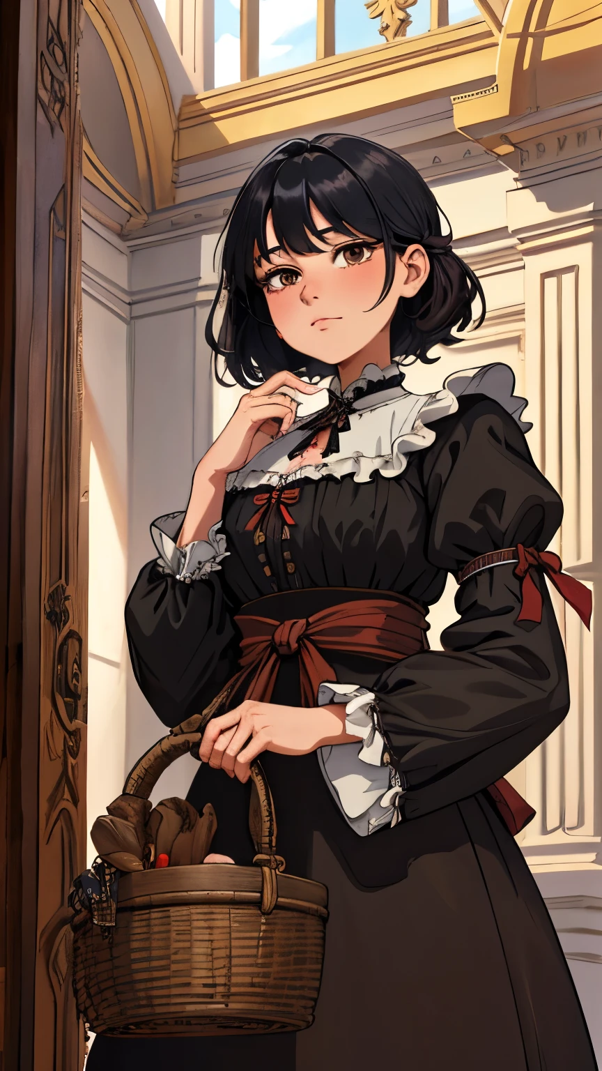 (extremely detailed CG unity 4k wallpaper),(masterpiece),(best quality),(ultra-detailed),(best illustration),(best shadow),(absurdres),(Detailed background), Straight black hair, Brown eyes, neutral expression, 1870 German castle, Peasant dress, hands clasps,