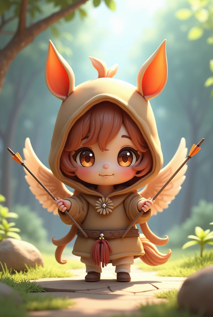 A small Chibi baby humaniod creature.
Appearance: a centaur , half horse half man. With wings. Big anime eyes, holding a duel arrows in each hand . Wearing a hood
Style : cel shaded , 3d , anime, Full-body, t pose.
This is a digimon