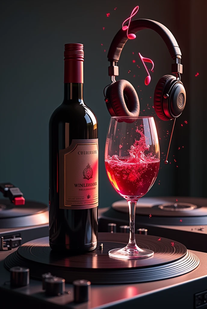 a bottle of wine and a glass overflowing with musical notes
a pair of headphones hanging from the glass
A pair of turntables 