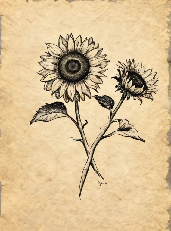 A drawing of two sunflowers on a piece of paper