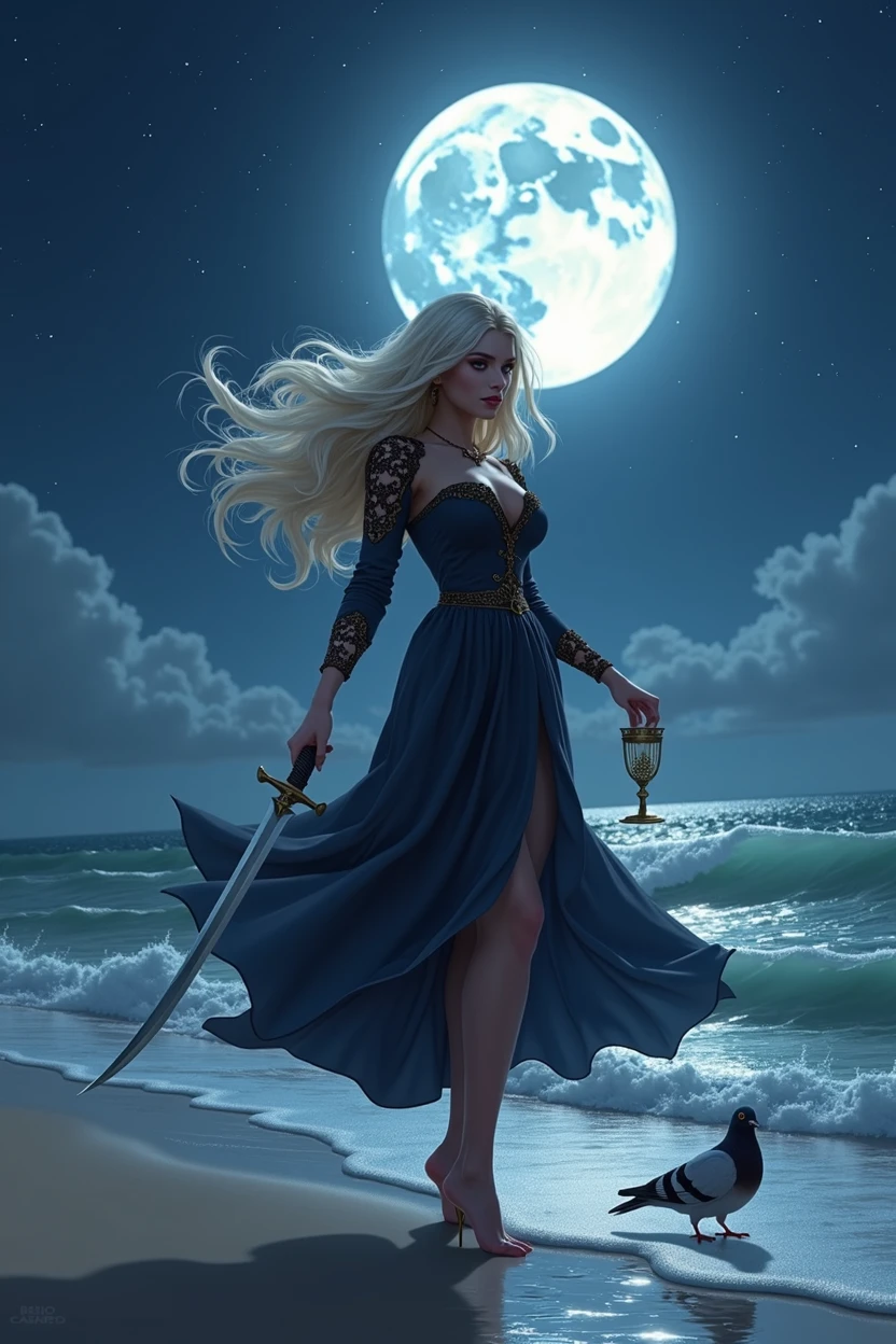 beautiful woman, cute pigeon, Youngh, blonde platinum hair, in a dark blue dress with black, on the beach at night , using a dagger with a goblet in hand 