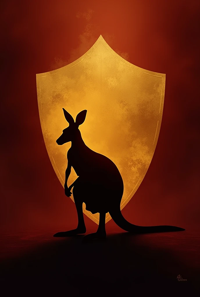 Silhouette of a golden kangaroo, with the shadow of a shield on a wine-colored background. 