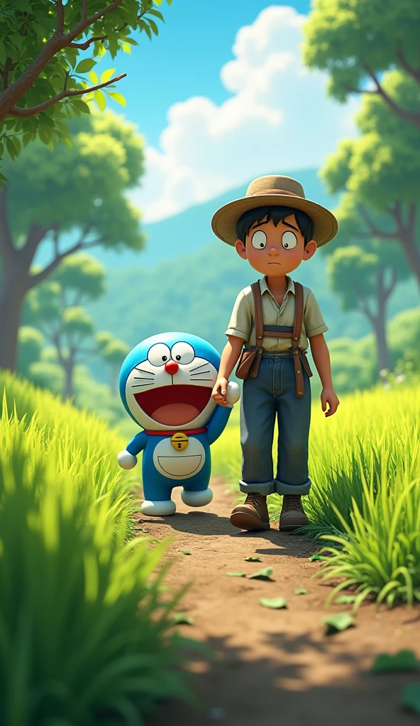 Doraemon and the farmer go home after a tiring day of work., in the middle are 3D trees and rice, detailed in every aspect