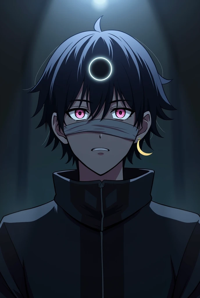 He's a character from Demon Slayer,his hair is short and black,he has bandages over his eyes, covering them,with an eclipse head ornament,a moon earring.