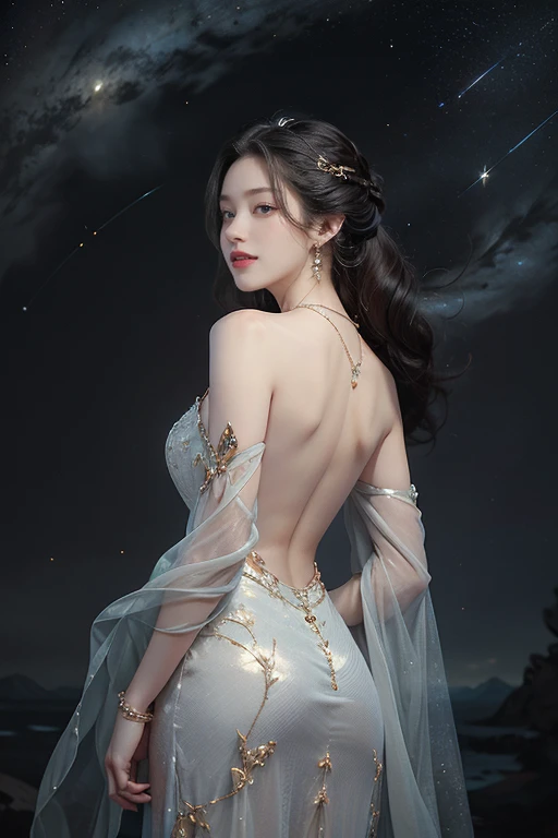 (((best quality))),(((ultra detailed))),(((masterpiece))),illustration,((A beautiful female astrologer,solo)),((slim,thin)),((bare back,towering hips,butt crack)),((shoulder length straight hair)),(laughing:1.2),(earrings,necklace),(sparkled sheer dress:1.3),standing beneath a magical summer night, stars twinkling in the velvety darkness,starry sky, sapphire eyes filled with wonder, flowing ethereal gown mimicking the stars, silver pendant shaped like a horoscope,serene smile and captivating gaze, celestial beauty and mystery, solace and inspiration in the vast expanse of the universe,((from back,upper body))