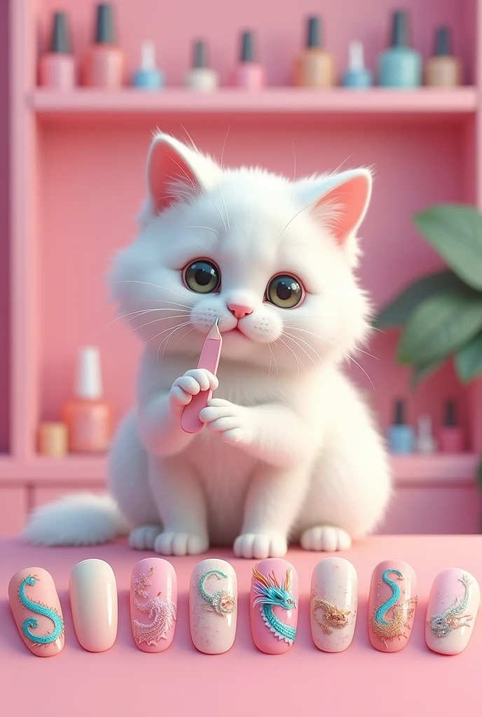 a white cat doing nails grabbing a file, A pink nail studio, showing nails with dragon designs