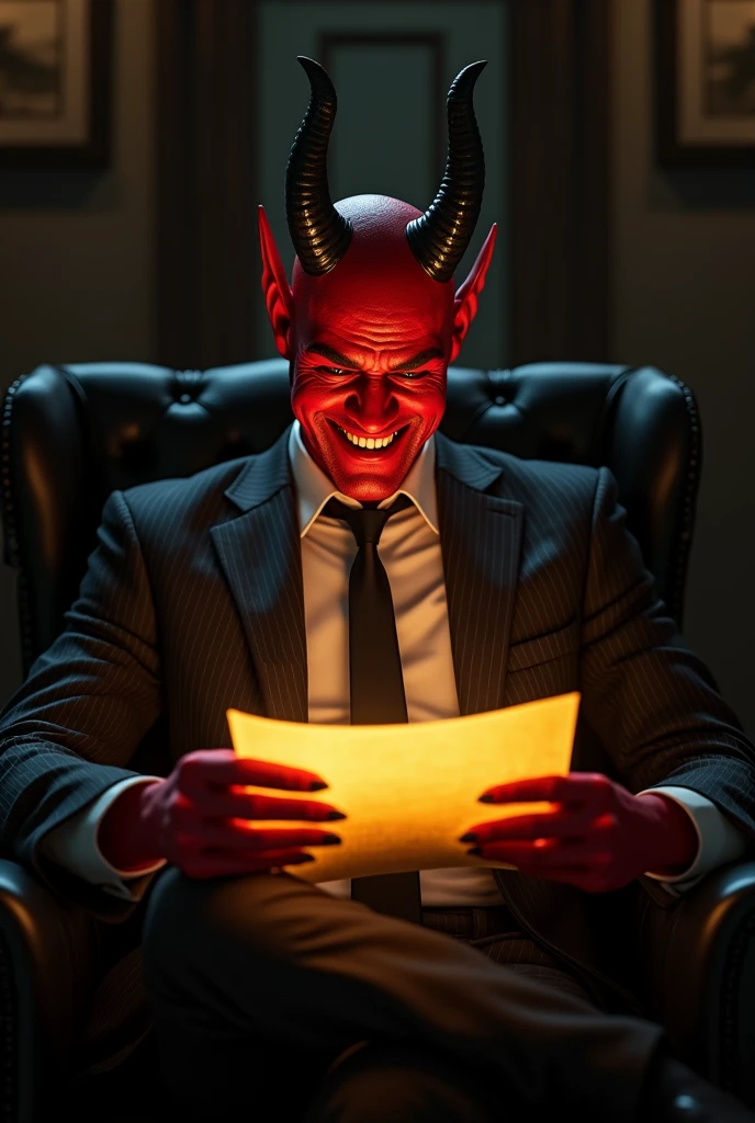 highest quality, 8k, hdr, (head to toe:1.4), Realistic, European male, Bright red skin like a devil, black devil horns, devil lawyer in pinstripe business suit, claw like fingernails, lawyer with condescending smile, evil lawyer, in a dark room, legs crossed, reading a glowing golden contract