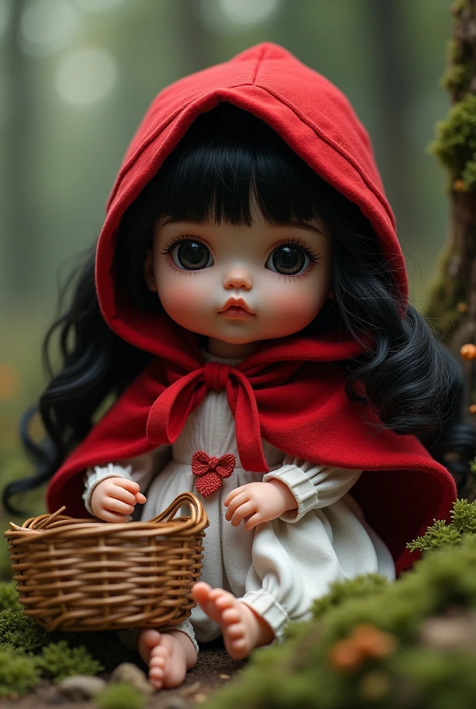  doll dressed as Little Red Riding Hood, white skin color with black hair, animated black eyes 